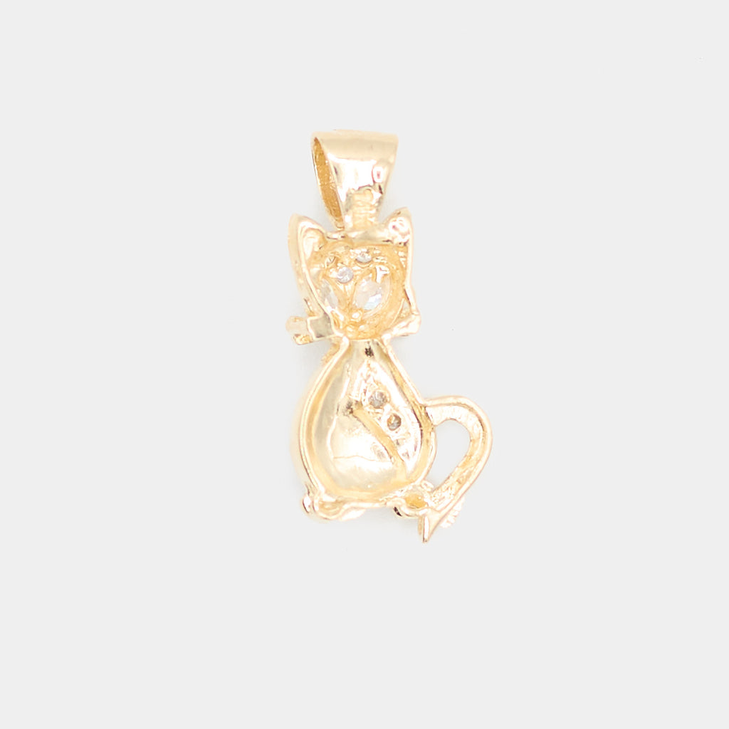 Back view of a pre-owned 14K yellow gold cat charm showing the smooth reverse side and bail detail, weighing 3.2 grams.