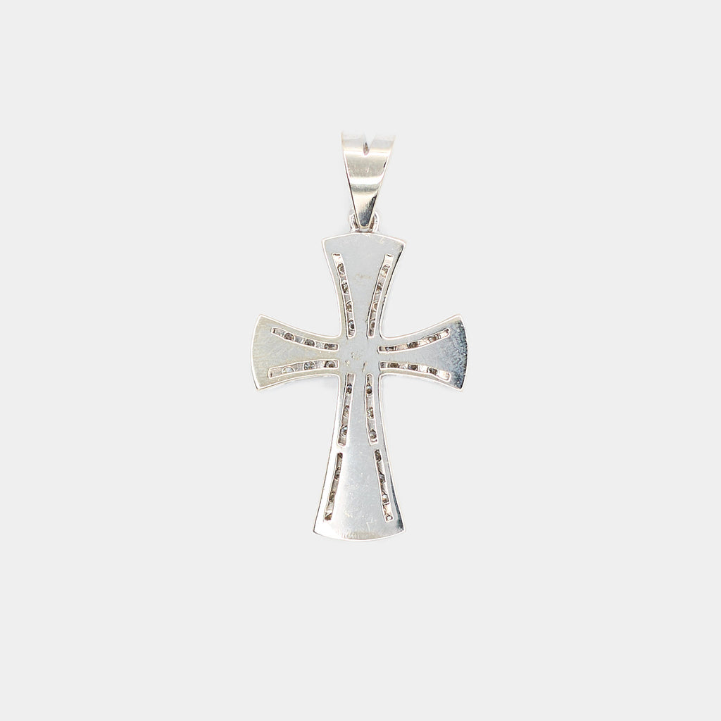 Back view of a pre-owned 14K white gold diamond cross pendant showing the reverse side, weighing 7.43 grams.