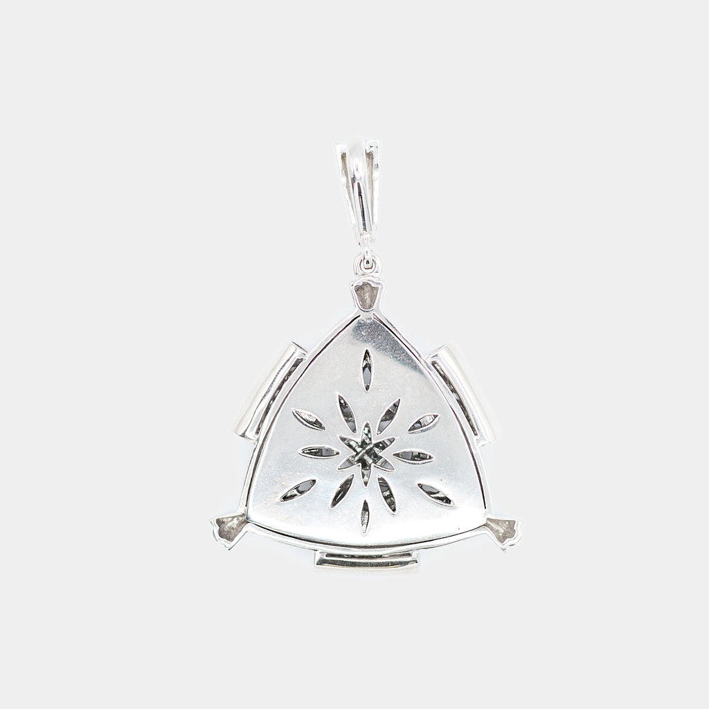 Back view of a pre-owned 14K white gold Freemason diamond pendant showing the solid reverse side with a decorative cutout starburst and marquise pattern design.
