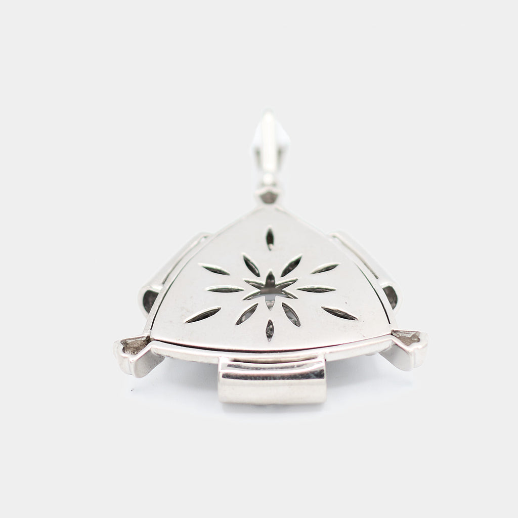 Straight-on back view of a pre-owned 14K white gold Freemason diamond pendant showing the decorative starburst cutout design and bail detail, weighing 37.26 grams.