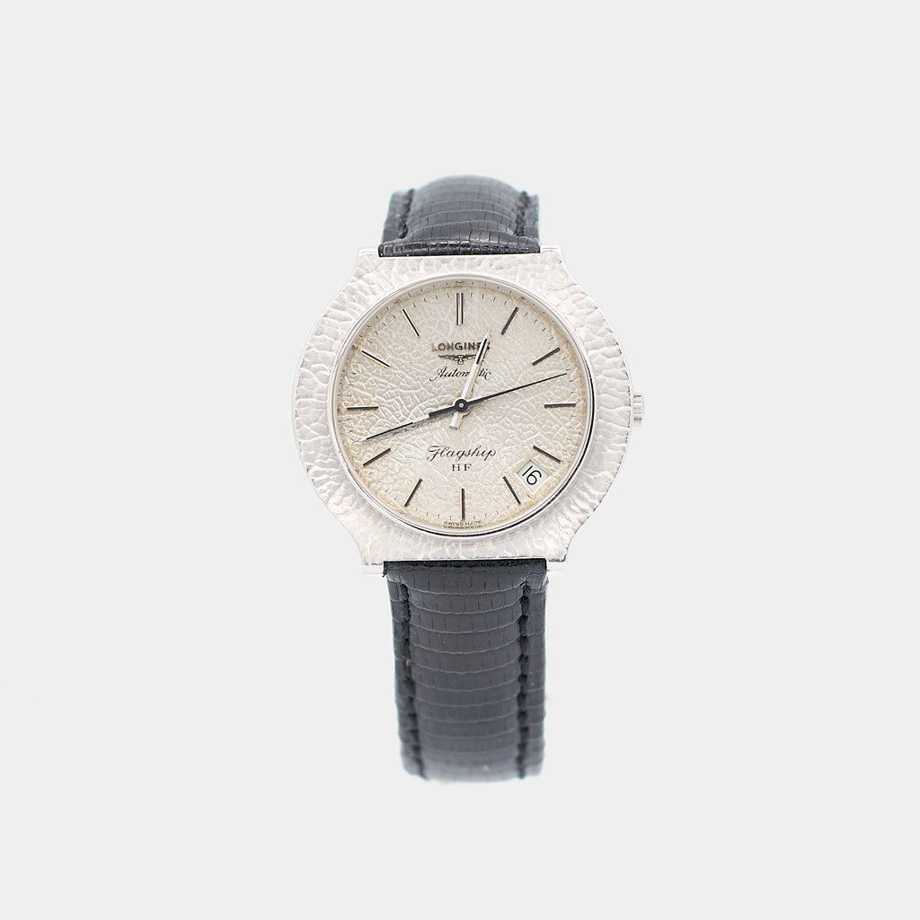Pre-owned Longines Flagship HF automatic watch with a white gold case and black lizard leather strap, shown front-facing. 39mm case.