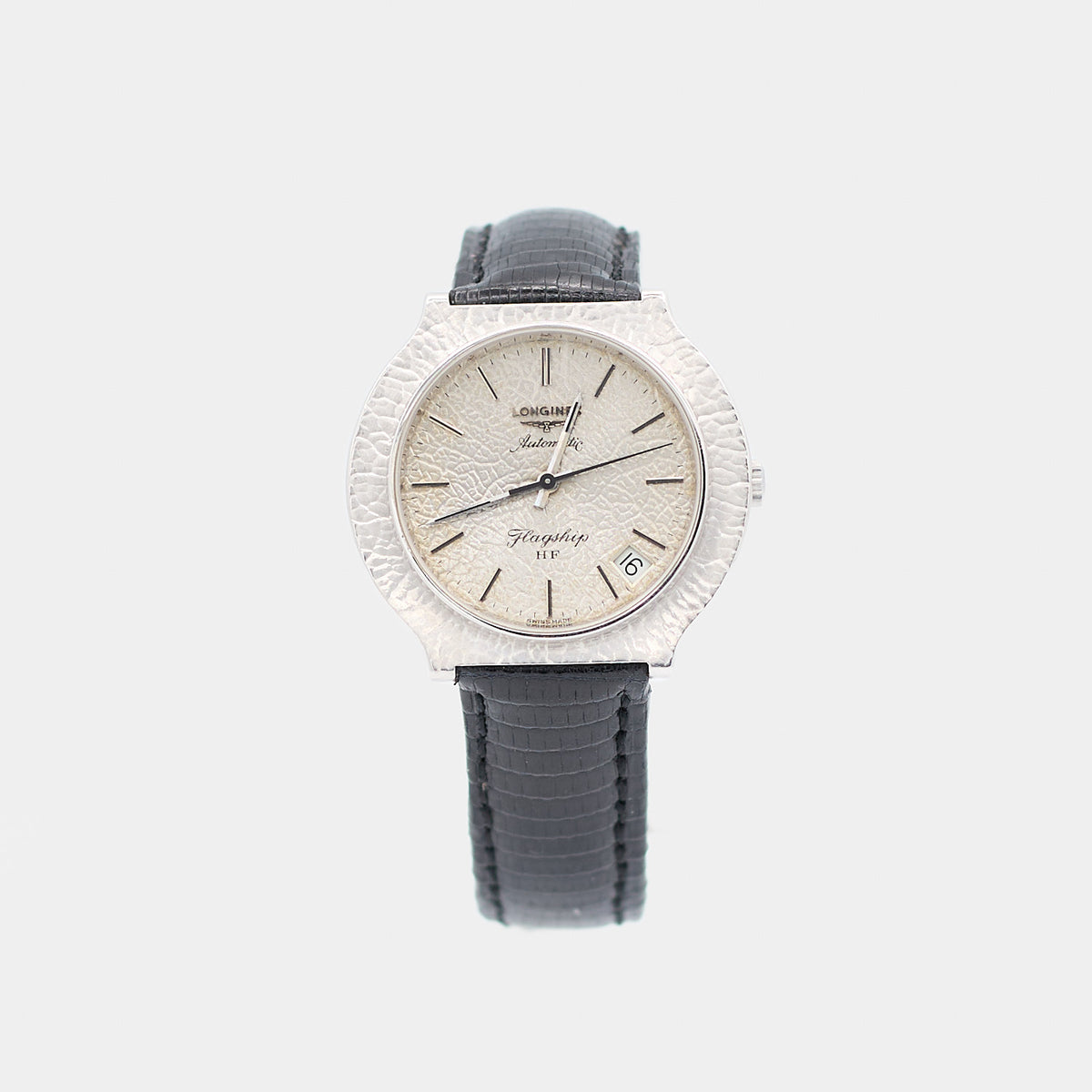 Pre-owned Longines Flagship HF automatic watch with a white gold case and black lizard leather strap, shown front-facing. 39mm case.