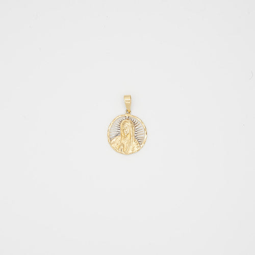 Close-up view of the 10K dual-tone gold Virgin Mary pendant, laid flat, showcasing the religious motif and 16.5 gram total weight.