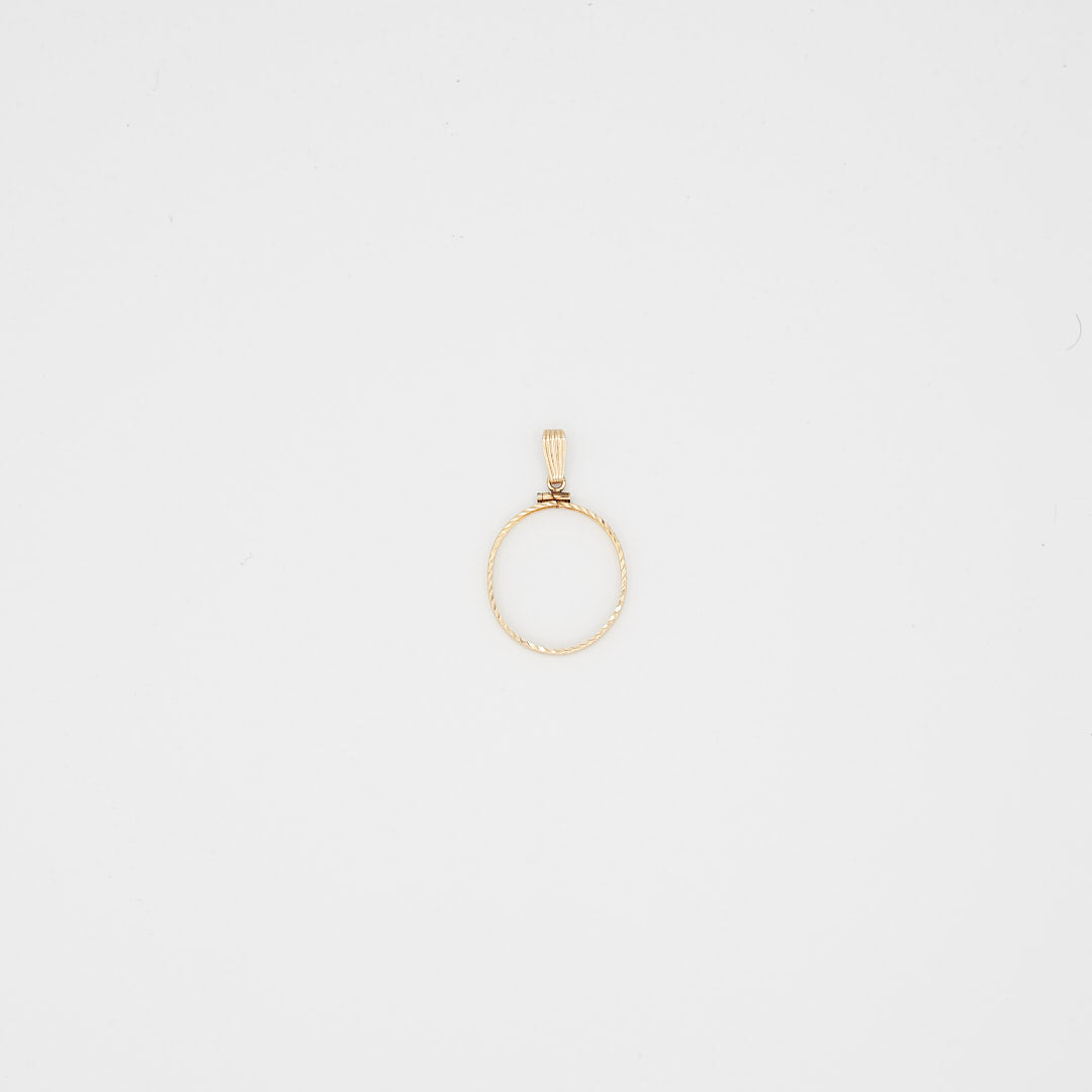 Close-up view of the 14K gold coin bezel frame, laid flat, showcasing the construction and the 1.98 gram weight