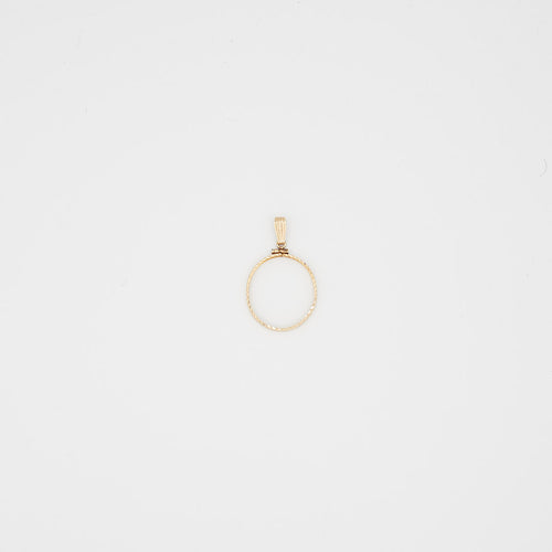 Close-up view of the 14K gold coin bezel frame, laid flat, showcasing the construction and the 1.98 gram weight