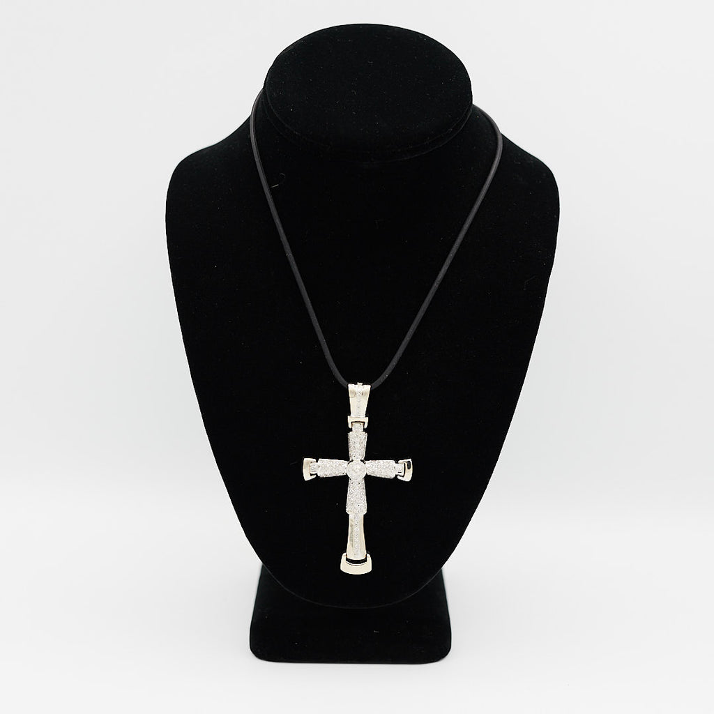 Verified pre-owned 14K white gold cross pendant, featuring 2.74 carats of round cut diamonds, displayed on a black mannequin for scale.