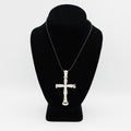 Verified pre-owned 14K white gold cross pendant, featuring 2.74 carats of round cut diamonds, displayed on a black mannequin for scale.