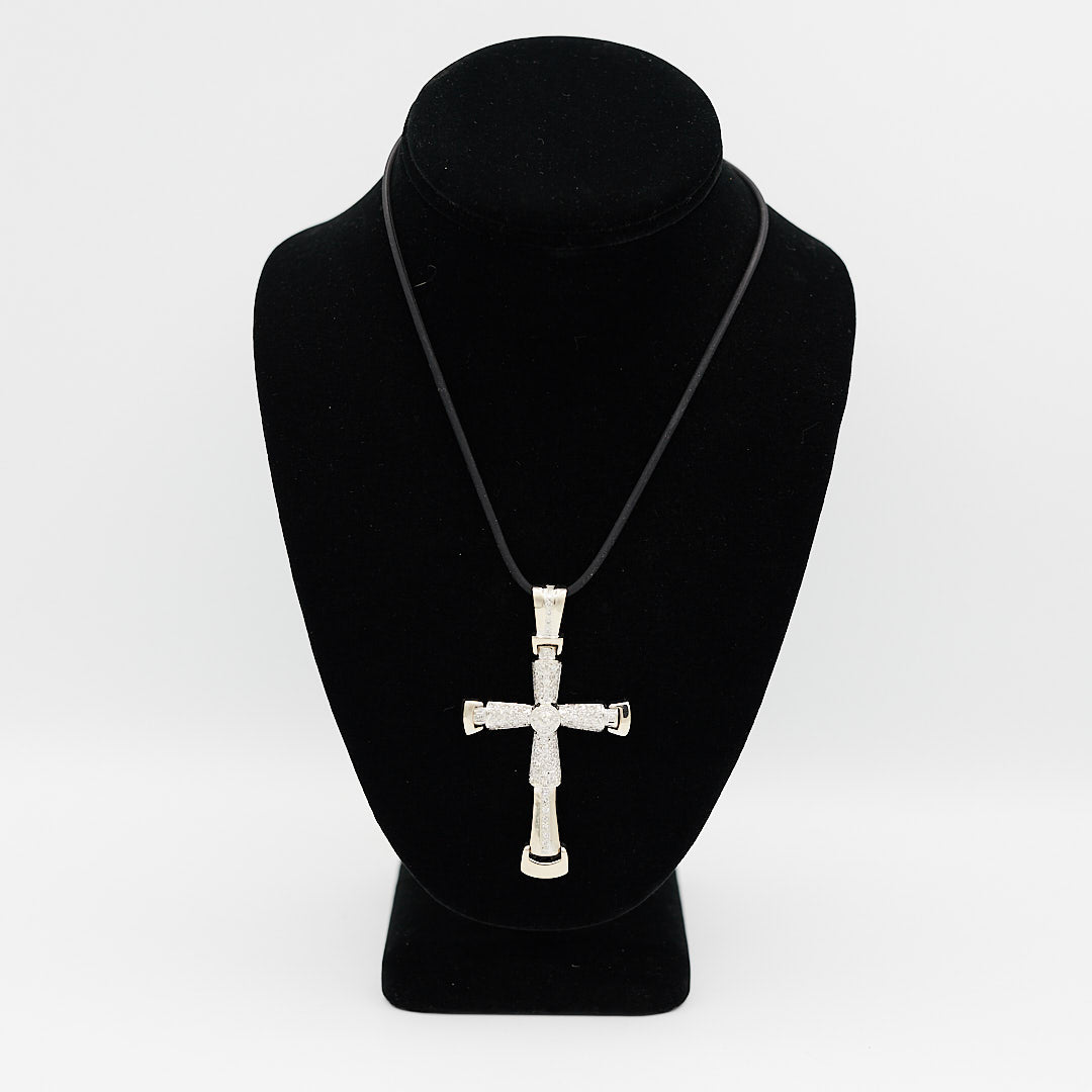 Verified pre-owned 14K white gold cross pendant, featuring 2.74 carats of round cut diamonds, displayed on a black mannequin for scale.