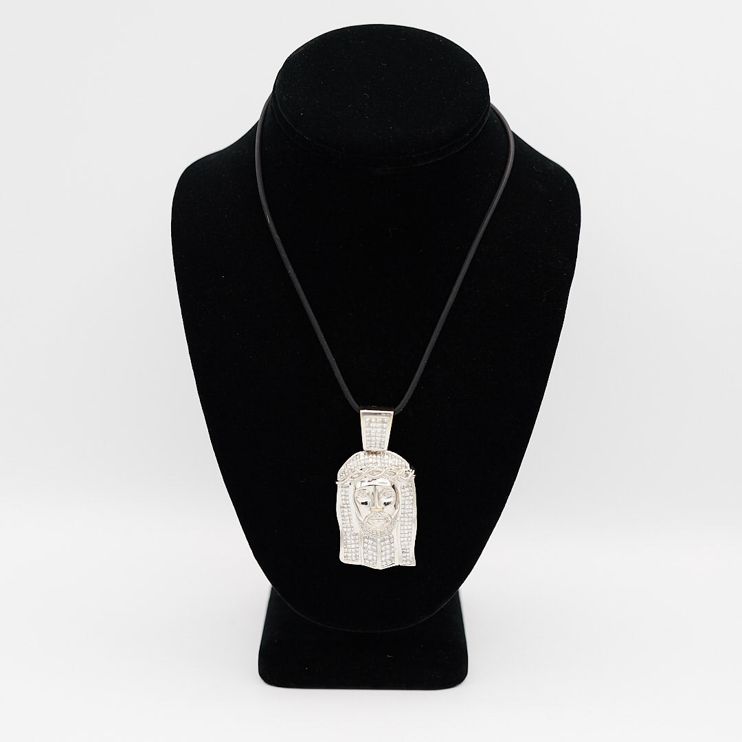 Verified pre-owned 14K white gold diamond Jesus pendant, featuring 8.55 carats of Princess and Round cut diamonds, displayed on a black mannequin for scale.