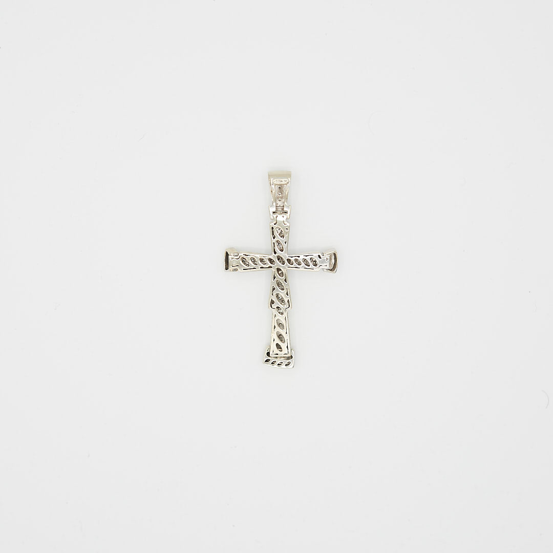 Back view of the 14K white gold diamond cross pendant, highlighting the secure mounting structure, bail, and gold purity hallmarks.