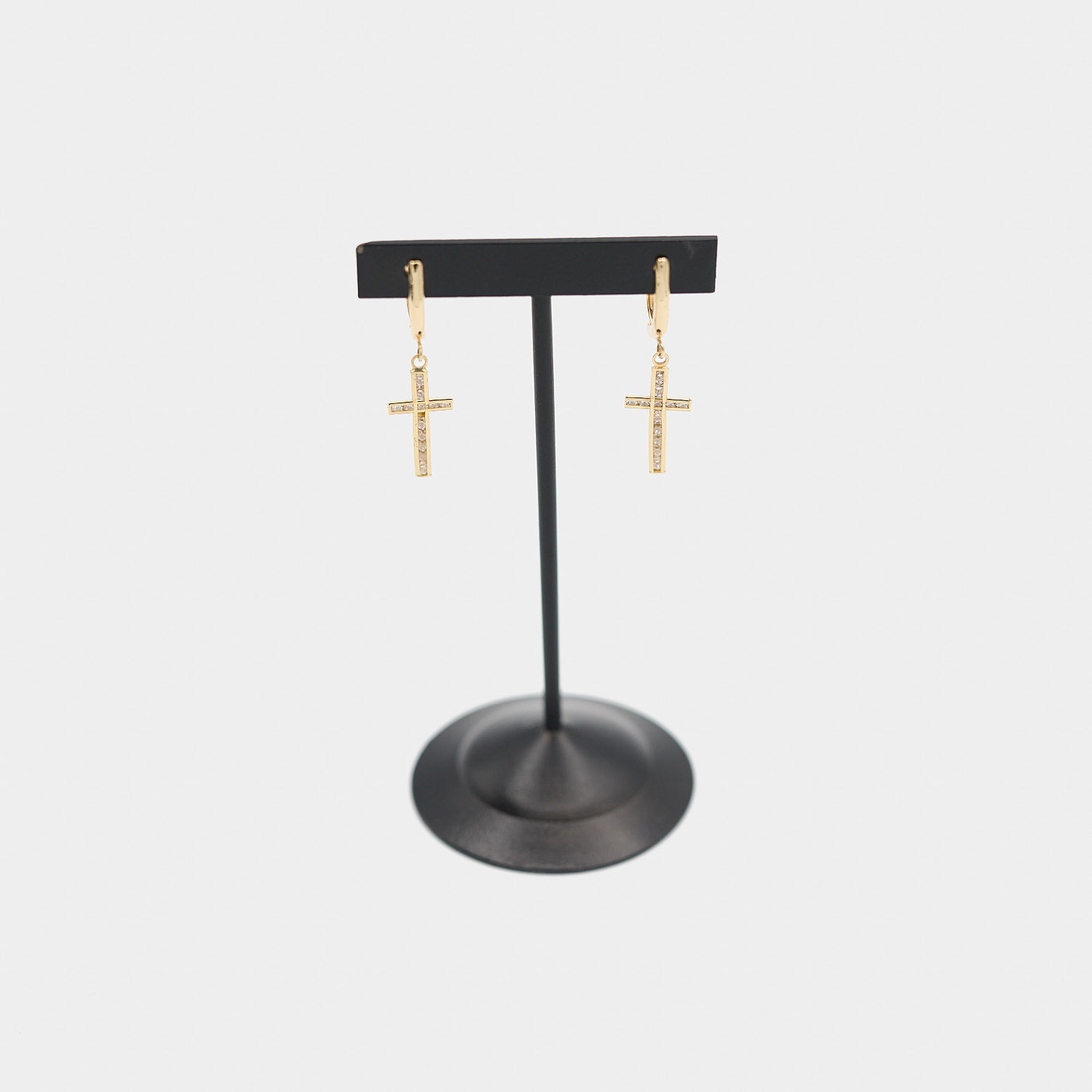 Verified pre-owned 14K yellow gold cross drop earrings featuring white stone accents, shown from a front-facing perspective for style and length