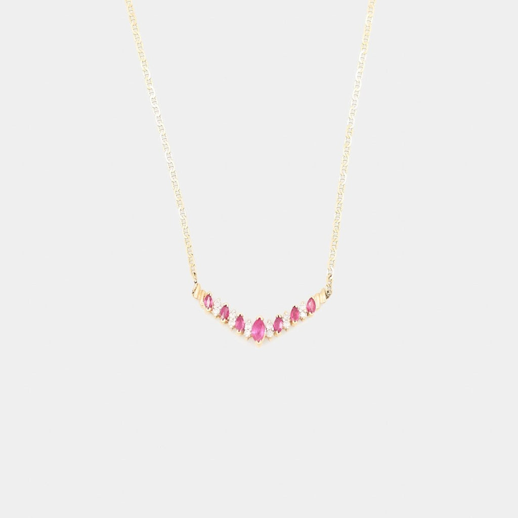 Pre - Owned 14K Yellow Gold White Diamond/Red Stones Necklace - 17.5" | B.G. Loan & Jewelry Co. - B.G. Loan & Jewelry Co.