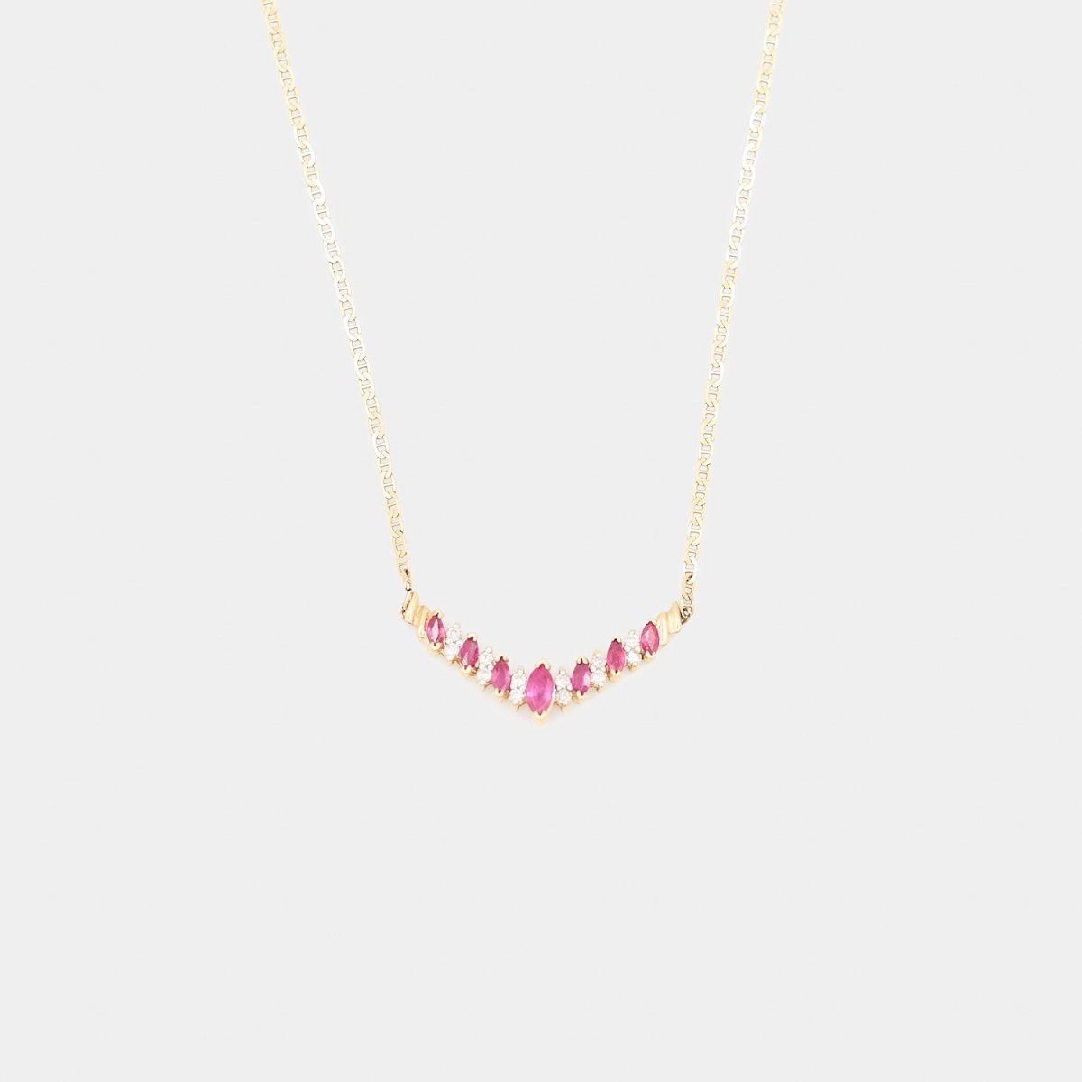 Pre - Owned 14K Yellow Gold White Diamond/Red Stones Necklace - 17.5" | B.G. Loan & Jewelry Co. - B.G. Loan & Jewelry Co.