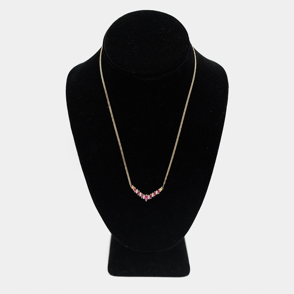 Pre - Owned 14K Yellow Gold White Diamond/Red Stones Necklace - 17.5" | B.G. Loan & Jewelry Co. - B.G. Loan & Jewelry Co.