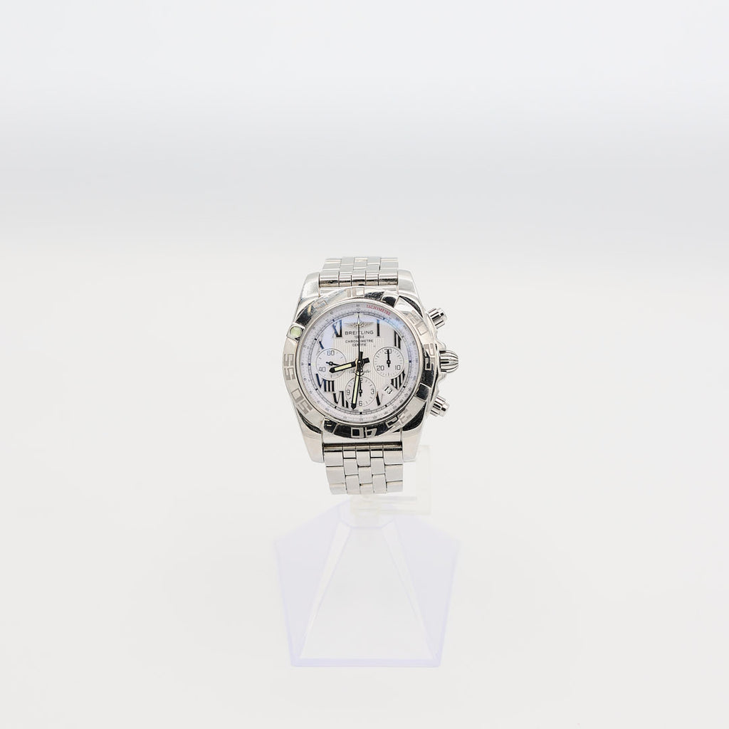 Verified pre-owned Breitling Chronomat 44mm automatic watch, showcasing the dial, chronograph sub-dials, and sapphire crystal