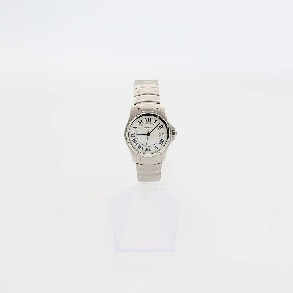 Verified pre-owned Cartier Santos Ronde Automatic watch (33mm case), showcasing the white dial, date window, and signature sapphire crown.