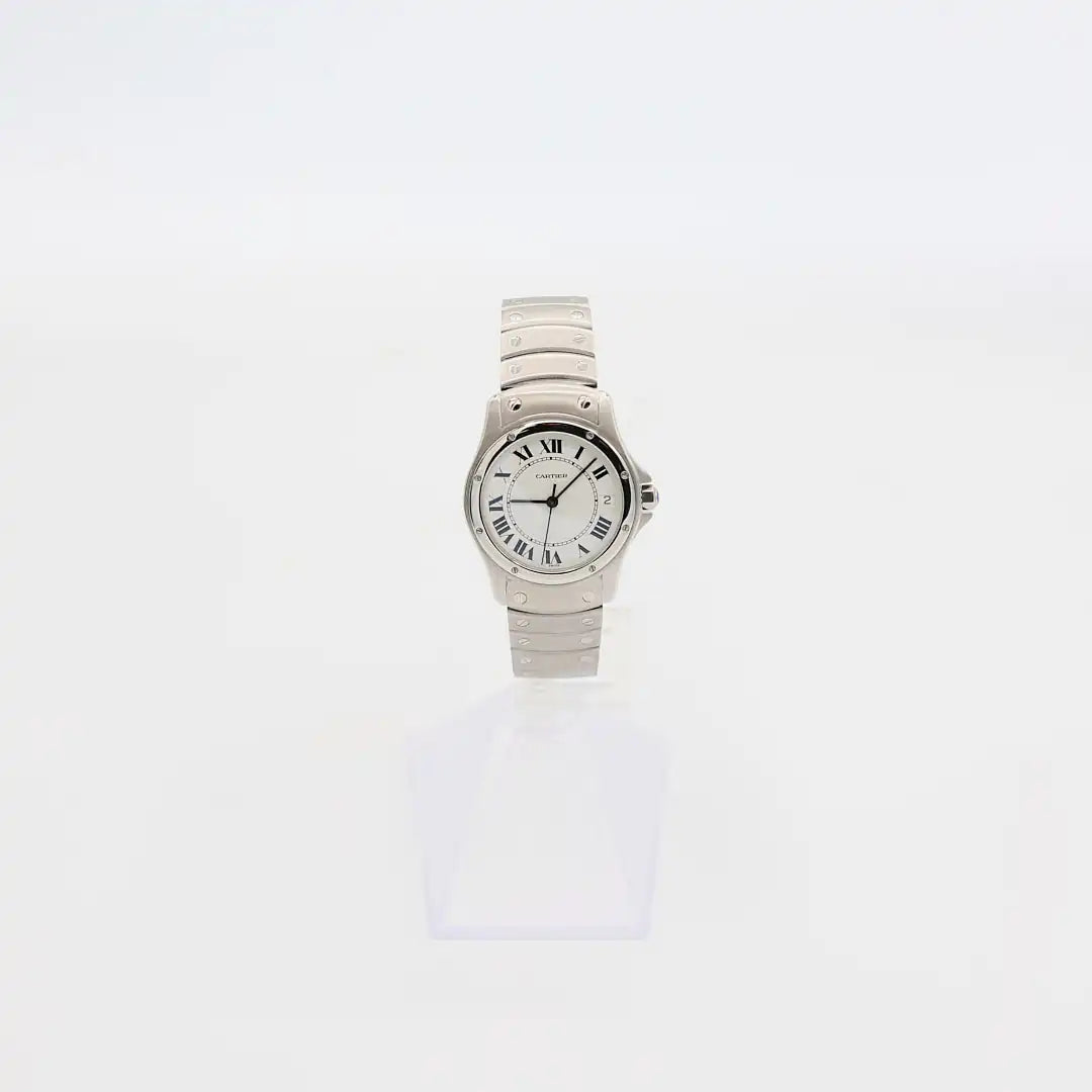 Verified pre-owned Cartier Santos Ronde Automatic watch (33mm case), showcasing the white dial, date window, and signature sapphire crown.