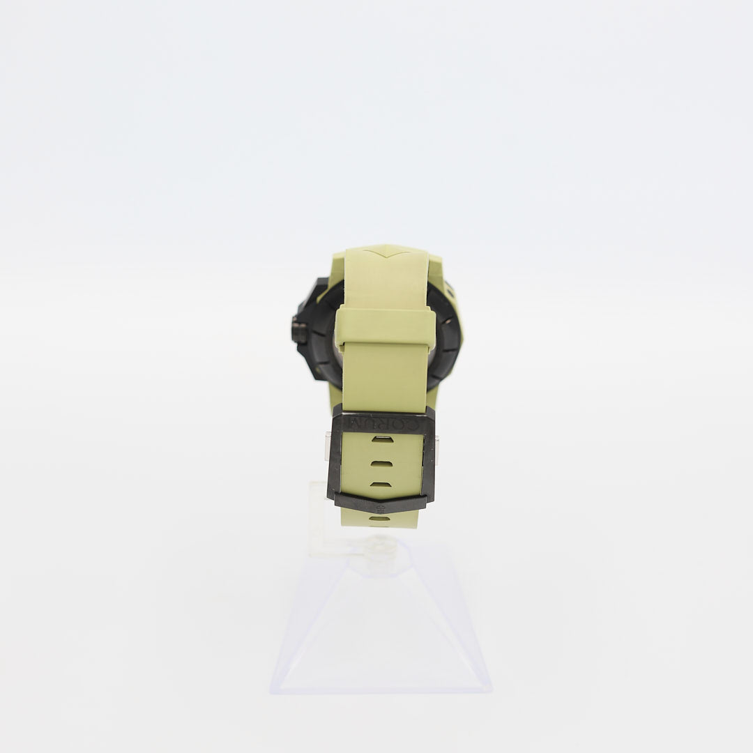 Underside view of the Corum Admirals Cup watch, highlighting the transparent case back, automatic movement, and 86.8 gram total weight.