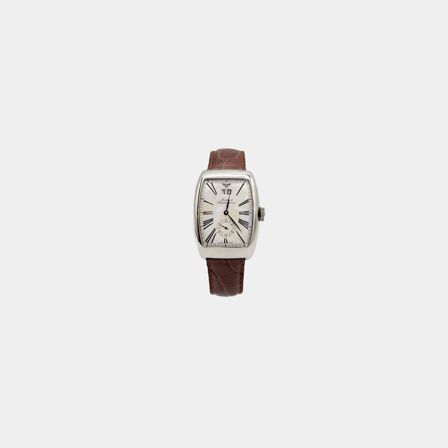 Verified pre-owned Dubey & Schaldenbrand Aerodyn Date stainless steel automatic watch, 33mm tonneau case with silver dial and brown alligator strap.