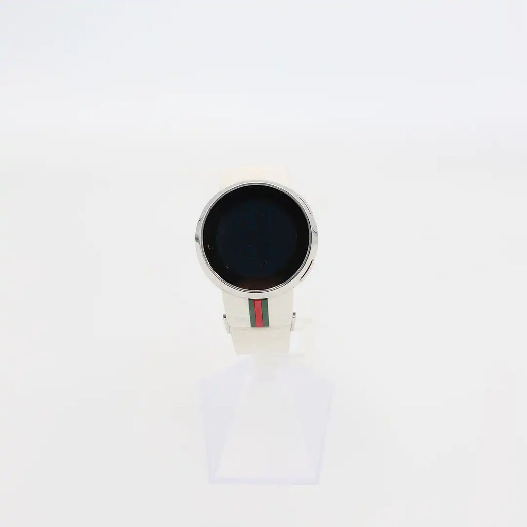 Verified pre-owned Gucci 114-2 stainless steel watch, 45mm case, showcasing the digital dial with dual time zone display.