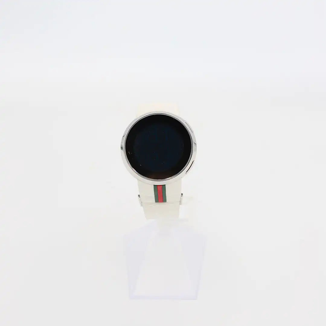 Verified pre-owned Gucci 114-2 stainless steel watch, 45mm case, showcasing the digital dial with dual time zone display.