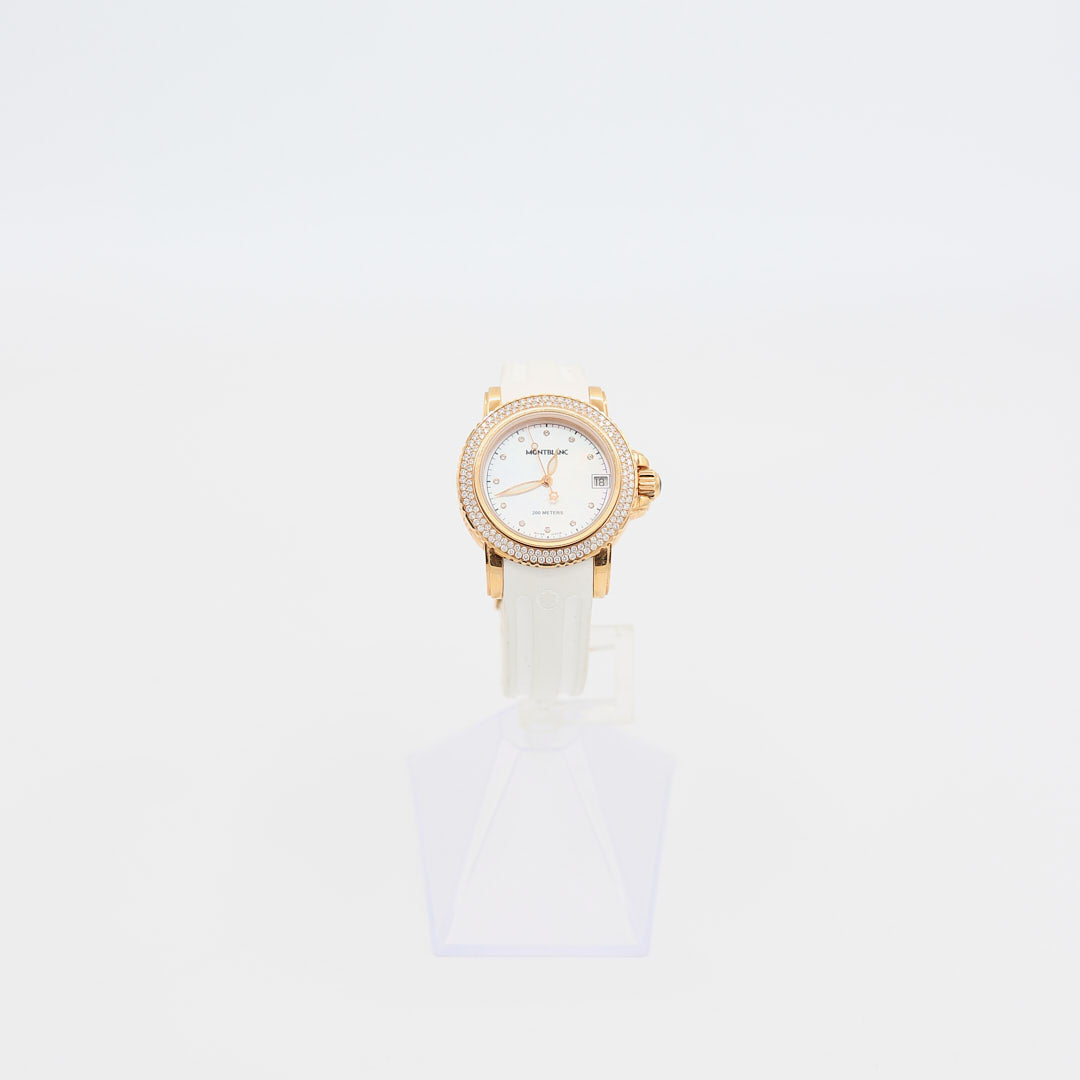 Verified pre-owned Montblanc 18K gold diamond watch, featuring 136 diamonds on the bezel, displayed on a white background.