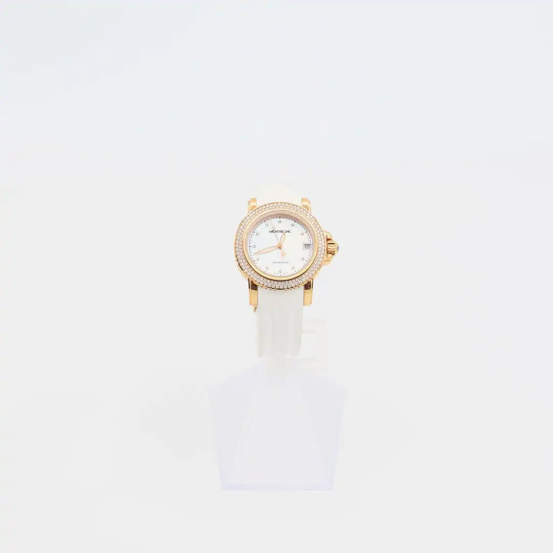 Verified pre-owned Montblanc 18K gold diamond watch, featuring 136 diamonds on the bezel, displayed on a white background.